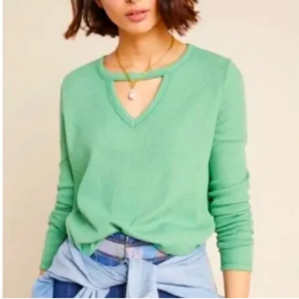 ANTHROPOLOGIE T.La Nadia Cut Out Tunic Top Green Waffle Knit B3